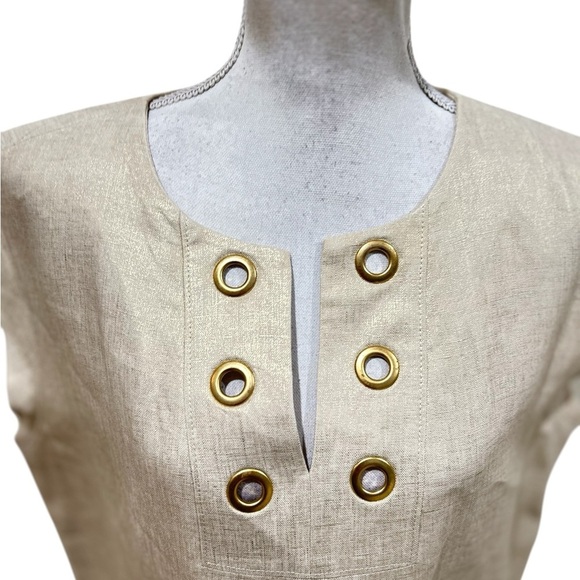 J crew metallic gold linen Dress grommet detail split neck front pockets size 16 - Picture 5 of 10